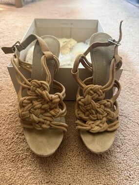 BCBGeneration Tan Braided Knot Heeled Sandals